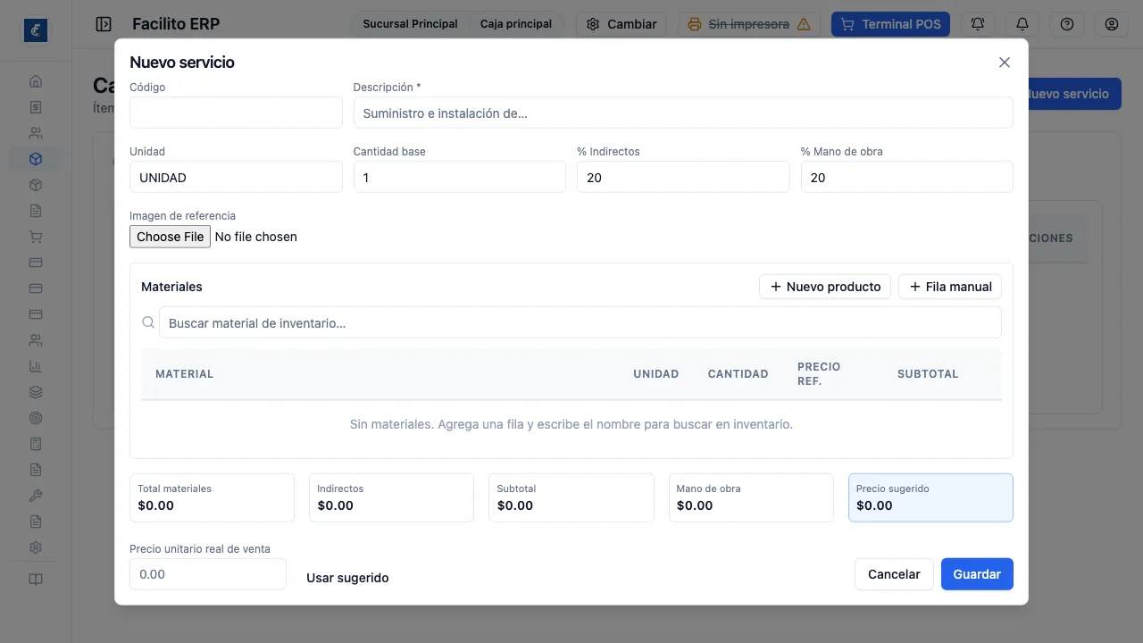 El cuadro de la receta: la cabecera del item arriba y los materiales debajo.