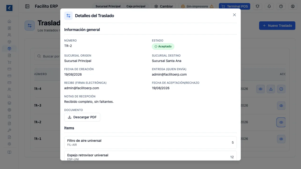 El detalle del traslado, con las líneas trasladadas y los datos de la recepción.