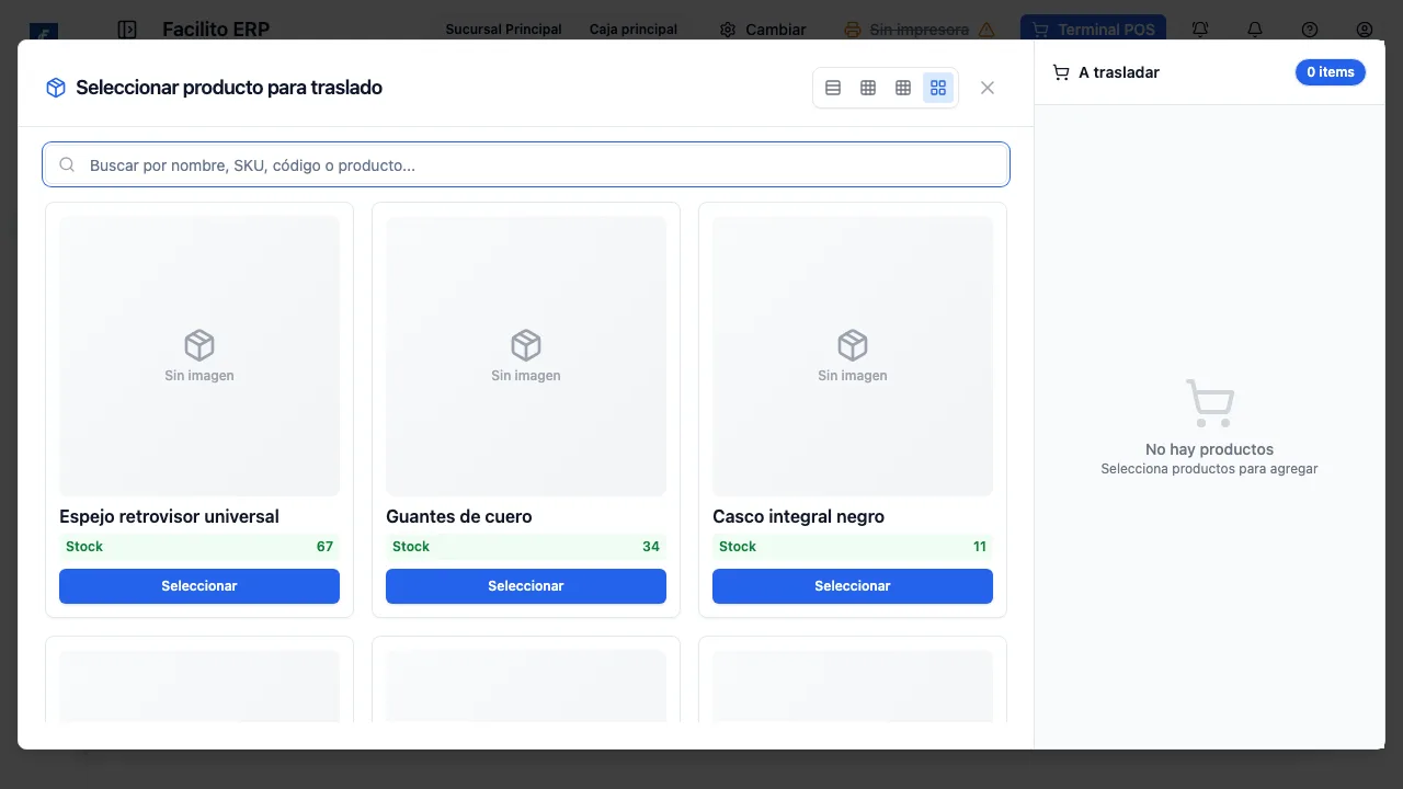 El selector de productos, con el catálogo del origen y el carrito "A trasladar".
