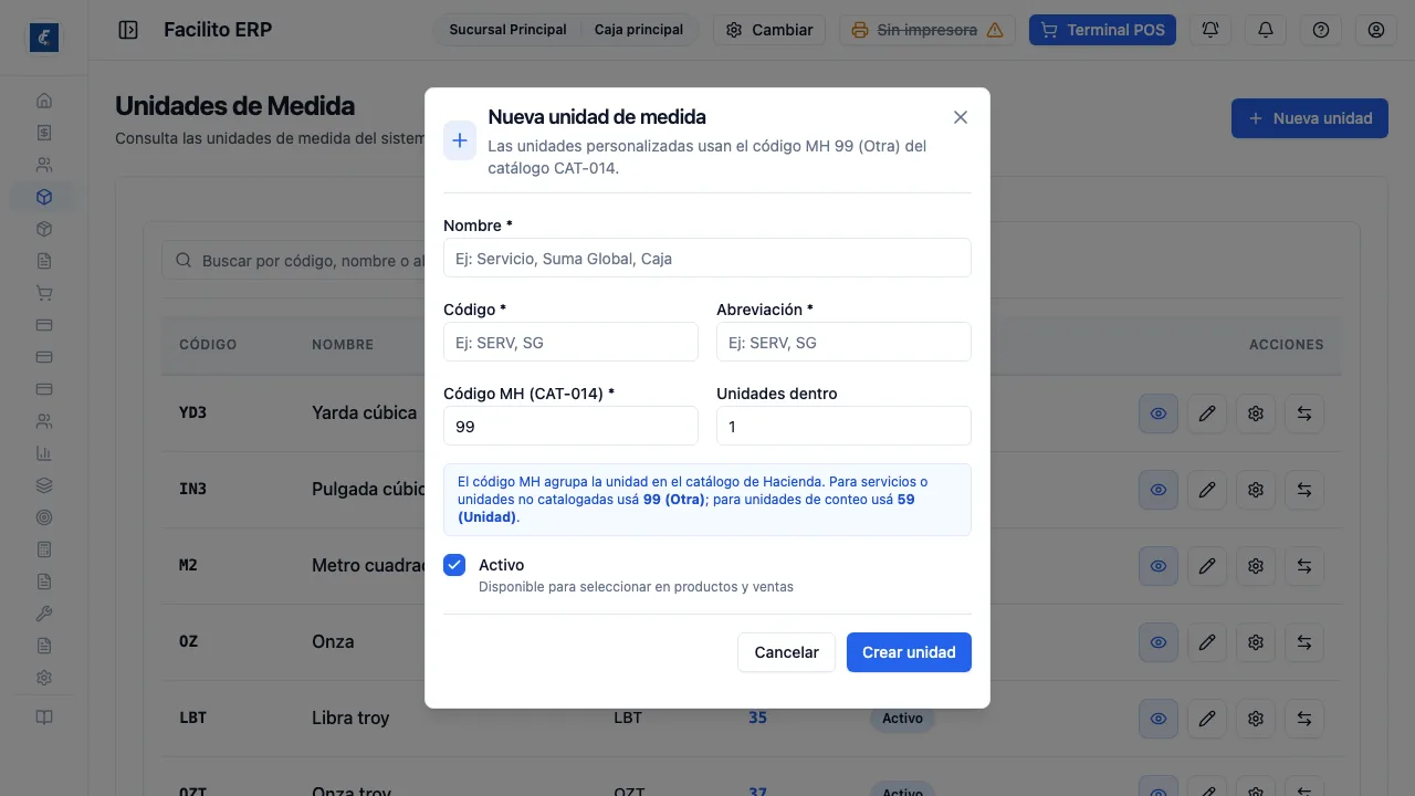 El alta de una unidad, con el código MH y las unidades que contiene.