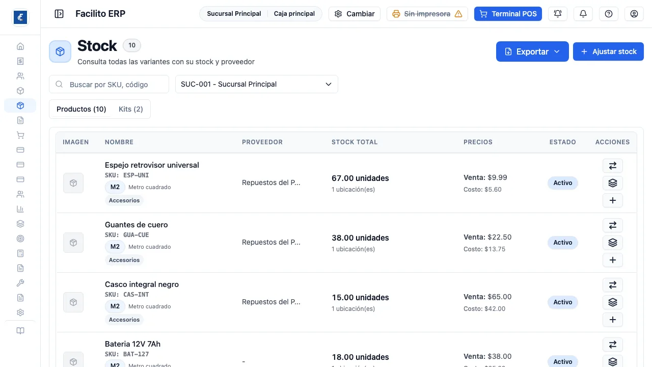 La lista, con el buscador, el filtro por sucursal y las solapas de Productos y Kits.