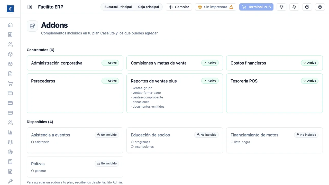 Los addons agrupados por categoría, con su estado, sus funciones y el acceso para abrirlos o contactar a ventas.
