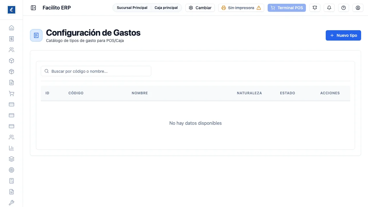 El catálogo de tipos de gasto, con el buscador por código o nombre.