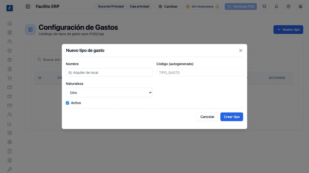 El alta de un tipo de gasto. El código se arma solo con el nombre.