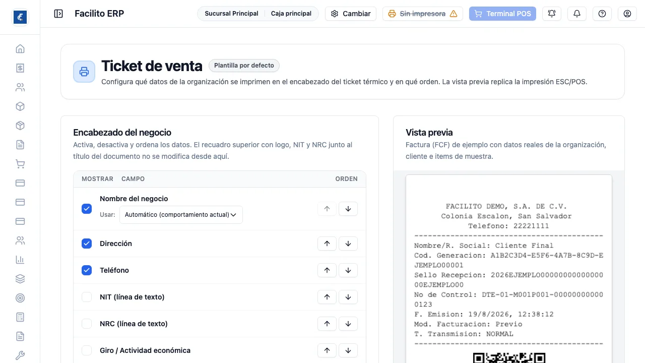 Los datos del encabezado con su orden, y la vista previa del ticket al lado.