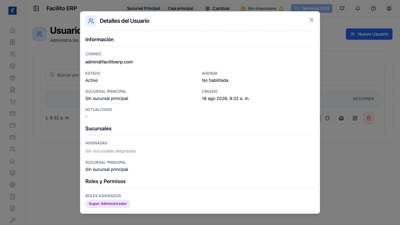 La ficha del usuario, con sus roles y la lista completa de permisos que le quedan.