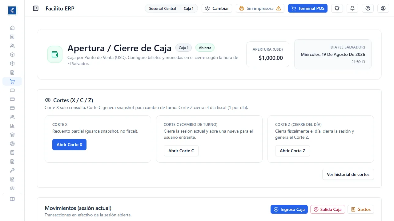 El estado de la caja del día y la tarjeta de cortes X, C y Z.