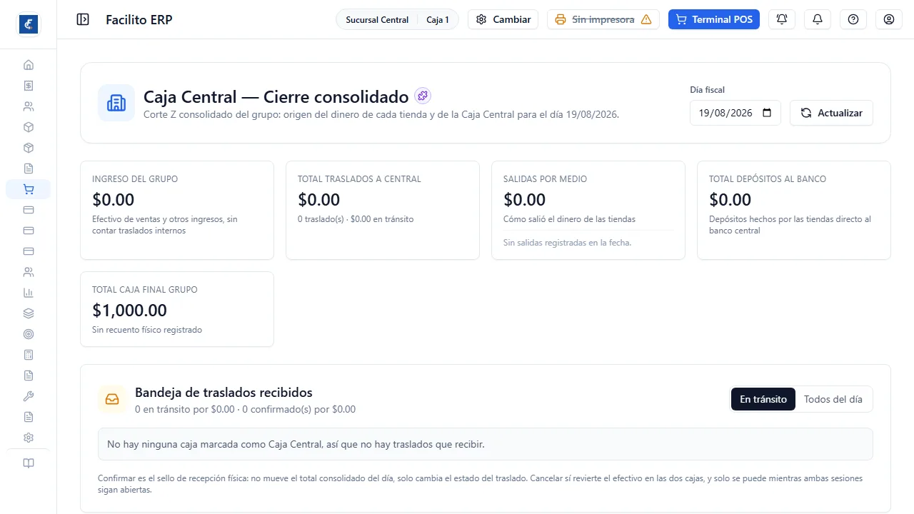 Los totales del grupo para el día fiscal y la bandeja de traslados recibidos.