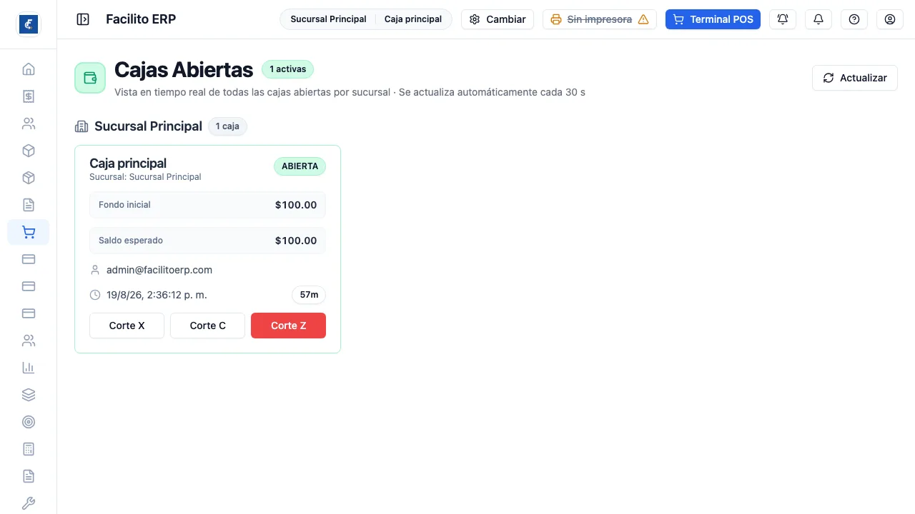 Una tarjeta por caja abierta, con el saldo esperado y las tres acciones a distancia.