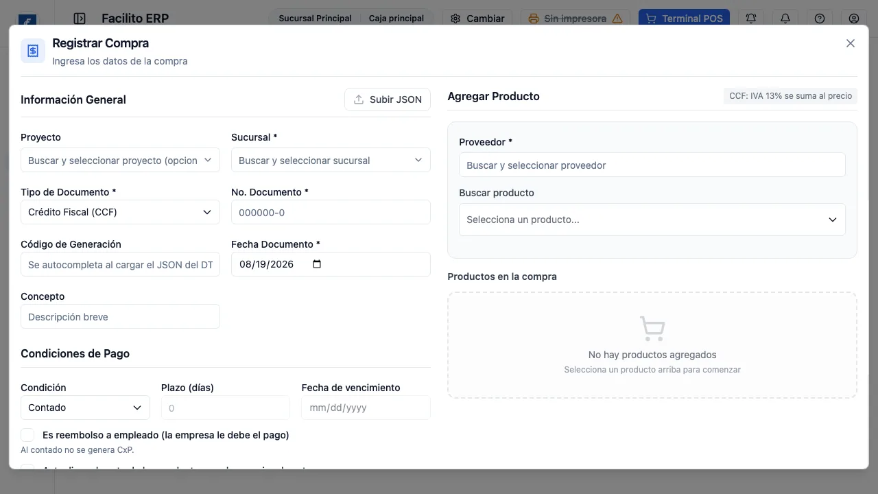 El formulario, con la cabecera del documento a la izquierda y la carga de productos a la derecha.