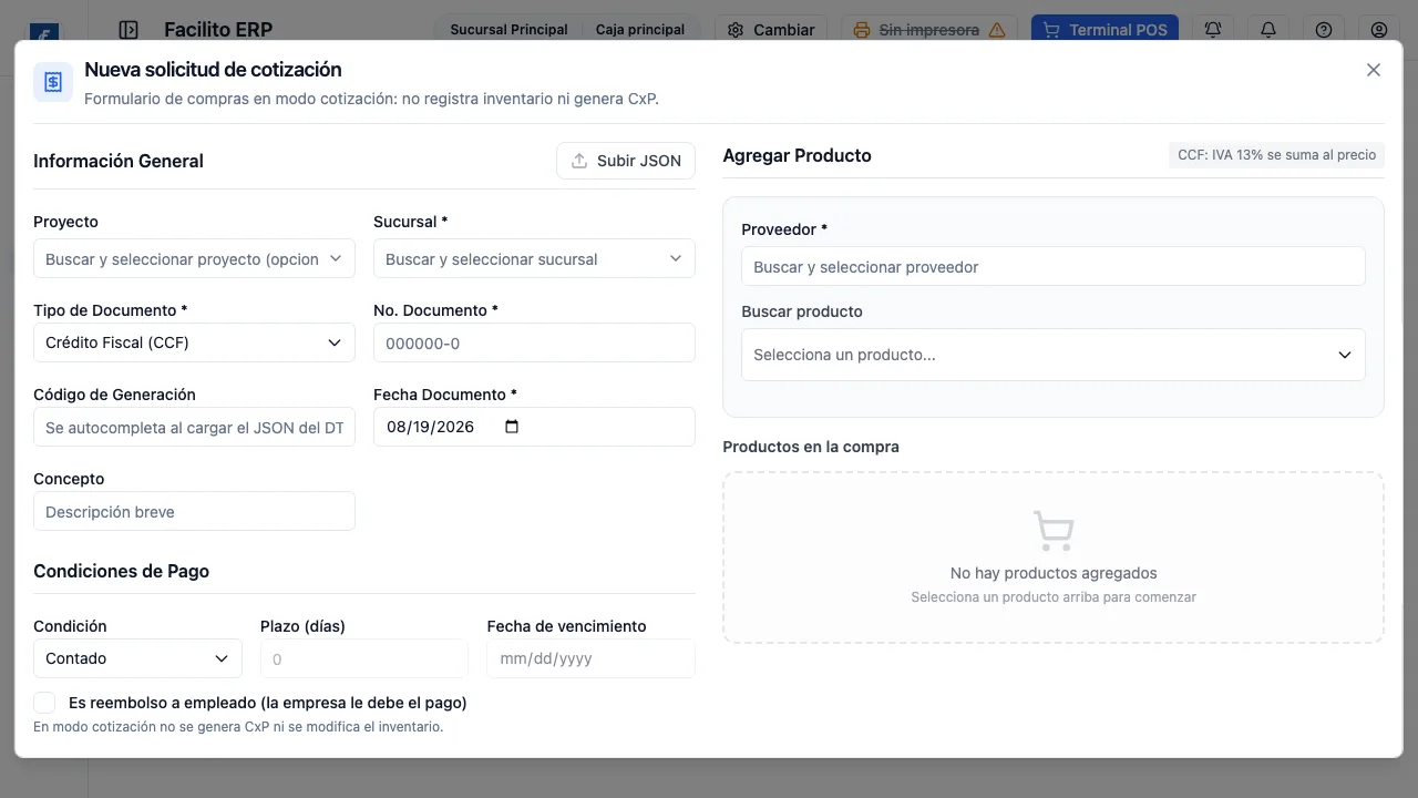 El formulario de alta. Es el mismo de compras en modo cotización, así que no toca inventario ni genera cuentas por pagar.