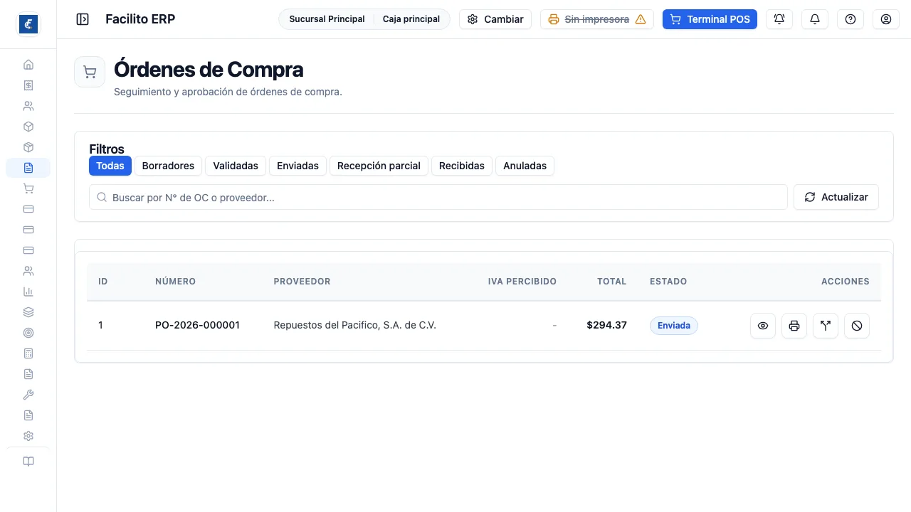 El filtro por estado, el buscador y la lista de órdenes con sus totales.