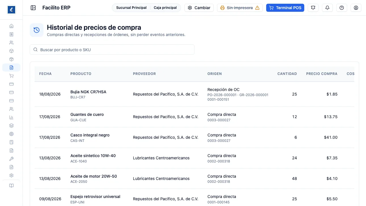 Cada compra con su precio, el costo anterior y el costo que quedó.