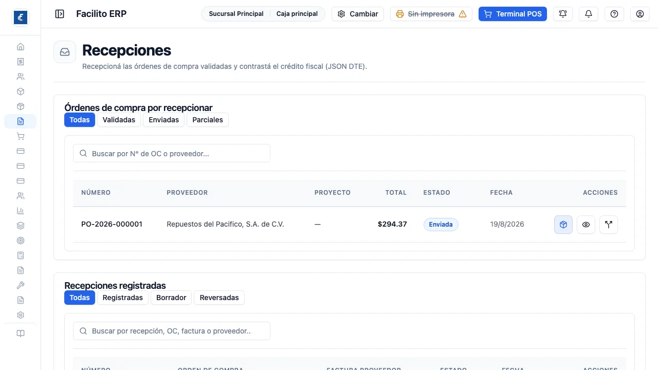 Las órdenes que faltan recibir, con su filtro por estado junto al buscador. Más abajo están las recepciones ya registradas.