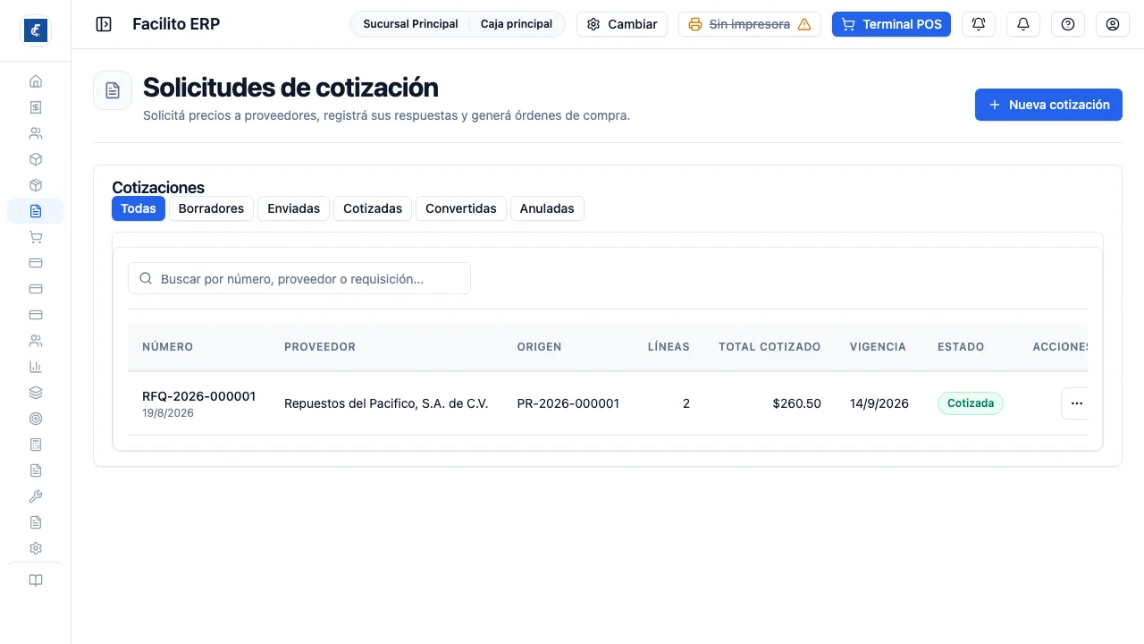 El listado, con los filtros por estado y el buscador por número, proveedor o requisición.