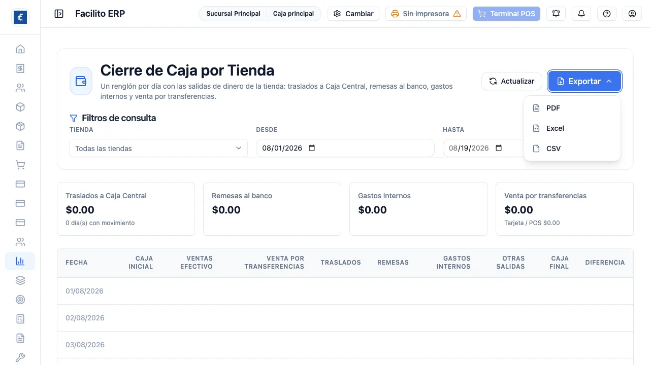 Los tres formatos en que se baja el cierre, con los filtros que tengas puestos.