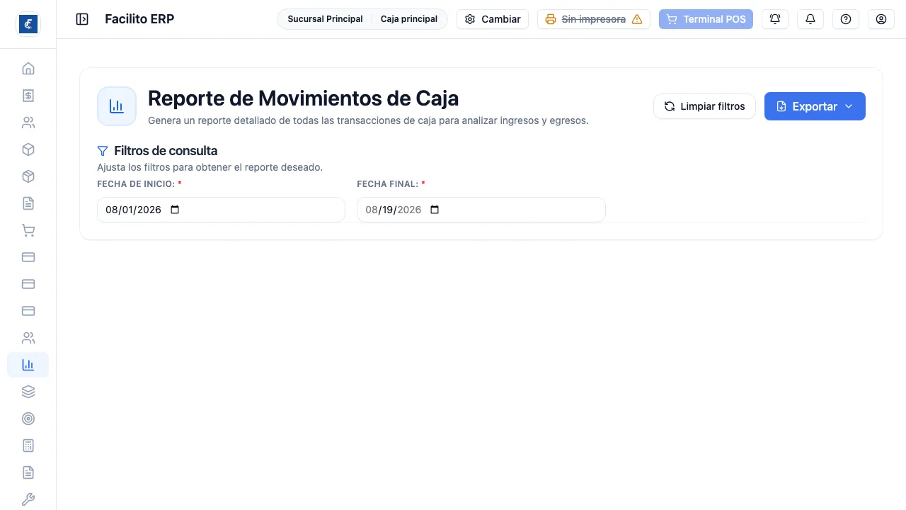 La pantalla no dibuja tabla, solo pide el rango de fechas y genera el archivo.