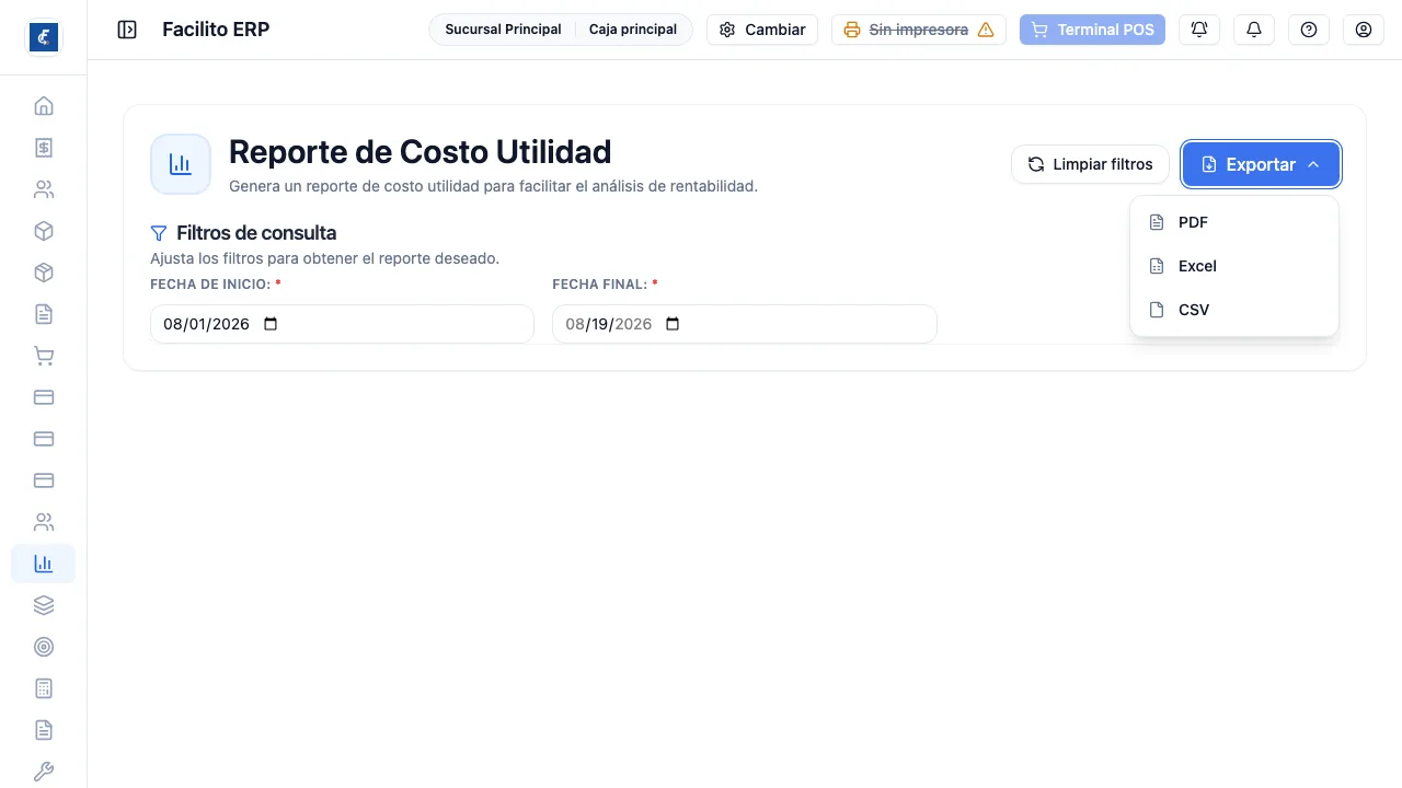 Los tres formatos de descarga del reporte de costo y utilidad.