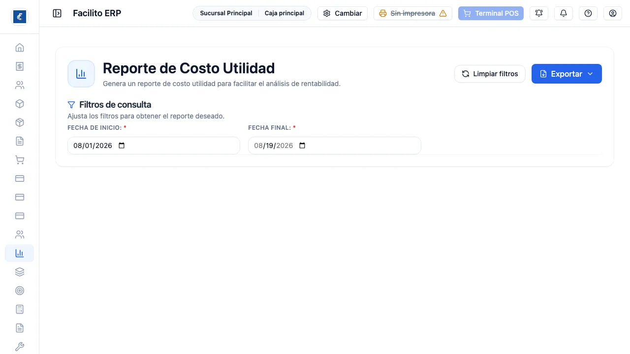 La pantalla completa; filtros, totales del período y la tabla con lo vendido.