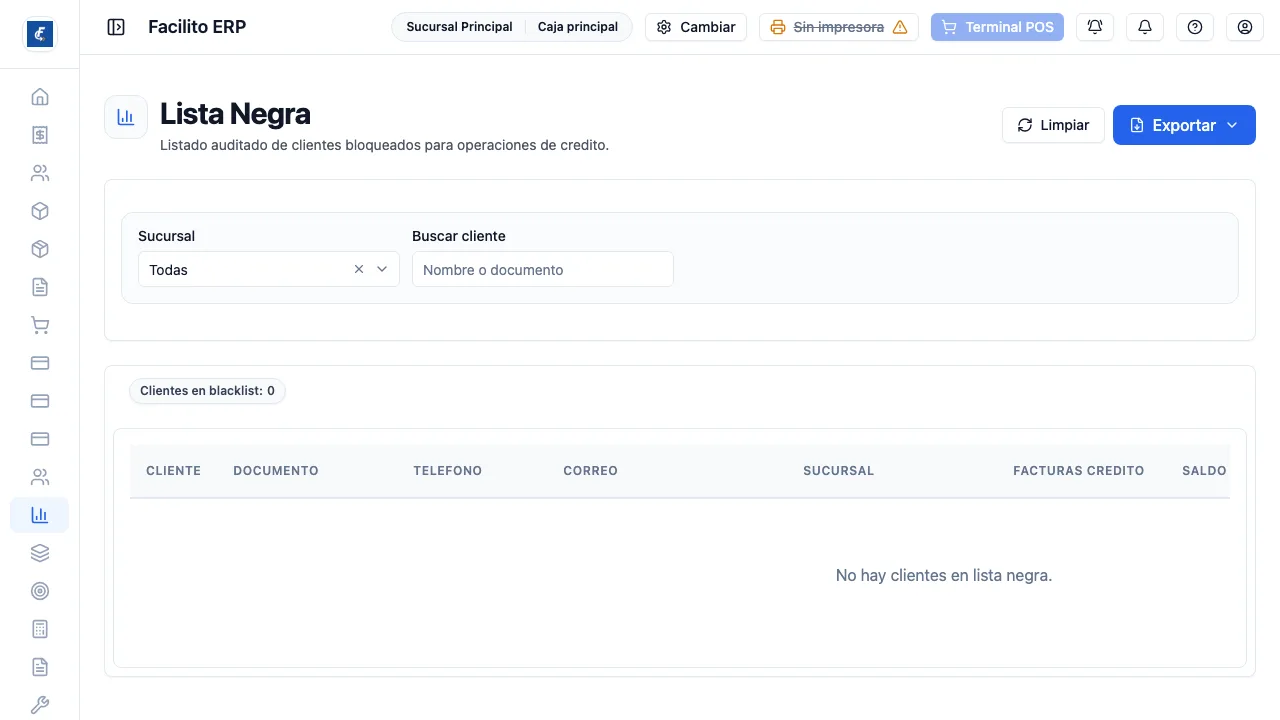 El listado de clientes bloqueados para crédito con el documento y el saldo pendiente.