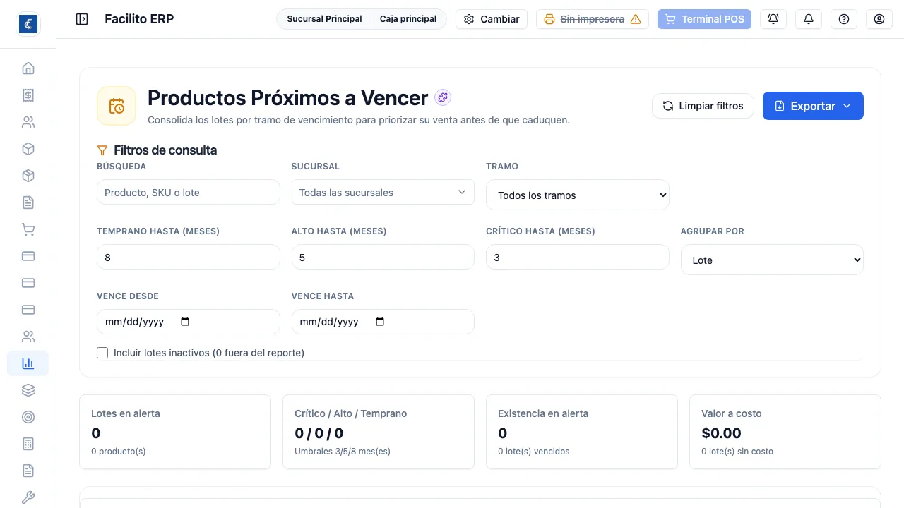 Los filtros con los umbrales editables, los cuatro totales y el listado de lotes.