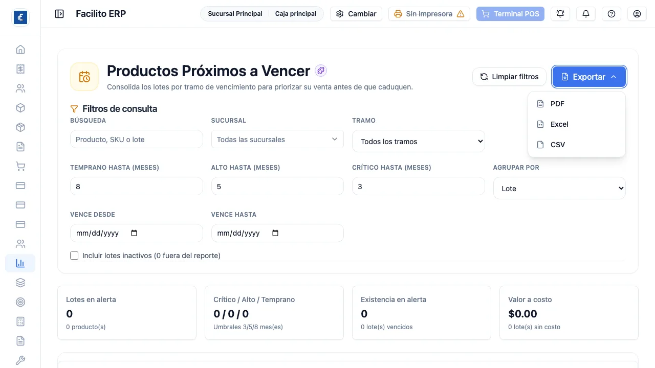 Los tres formatos en que se baja el listado de lotes en alerta.