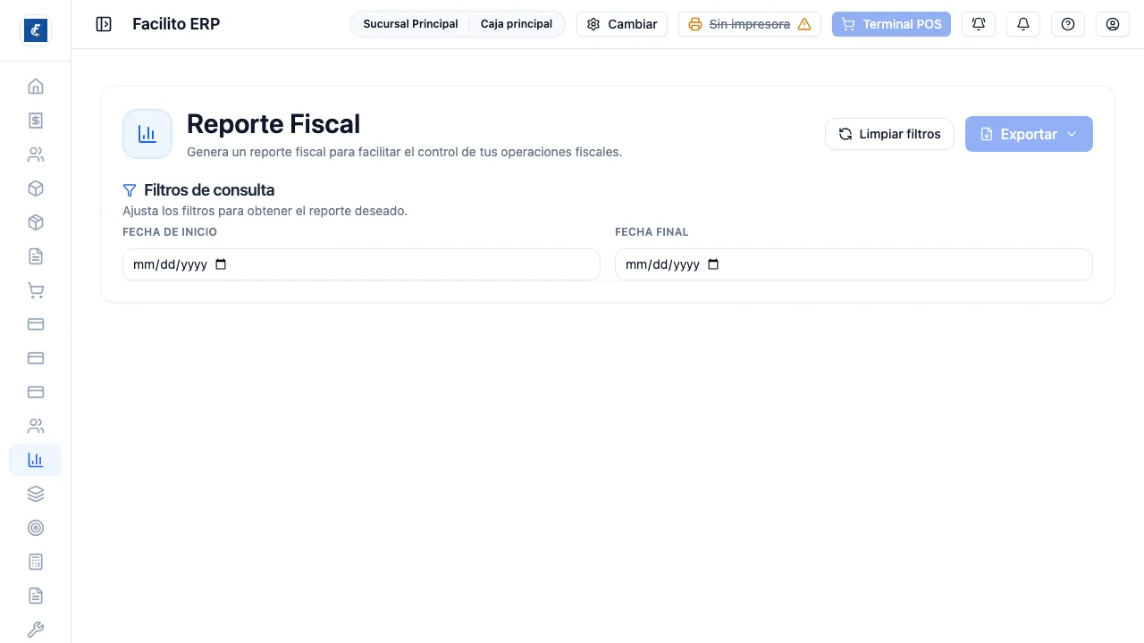 El reporte fiscal, con las dos fechas obligatorias y el botón de exportar.