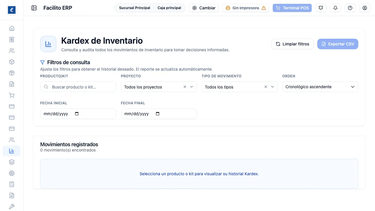Los filtros del kardex; hasta que no elegís un producto, la tabla no se arma.