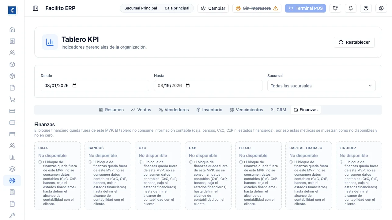 El bloque financiero, que hoy se muestra como no disponible y explica por qué.