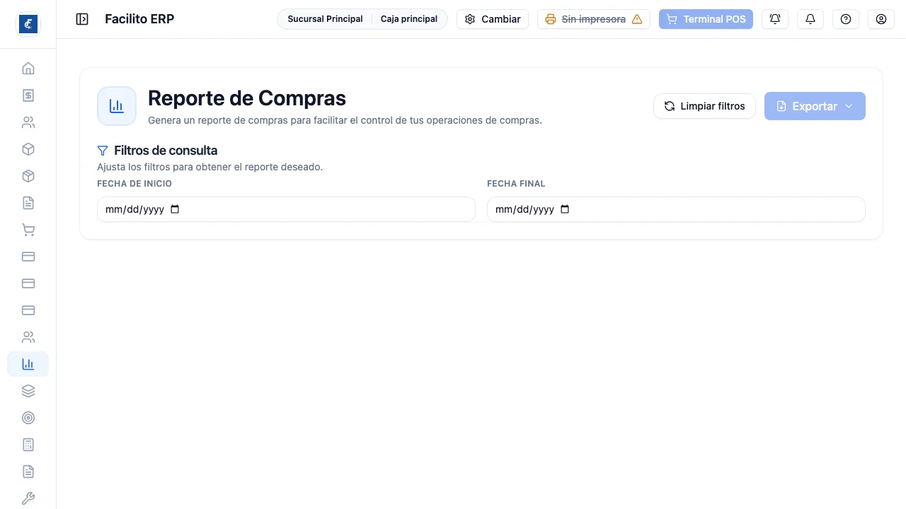 El reporte de compras, con el mismo rango de fechas como único filtro.