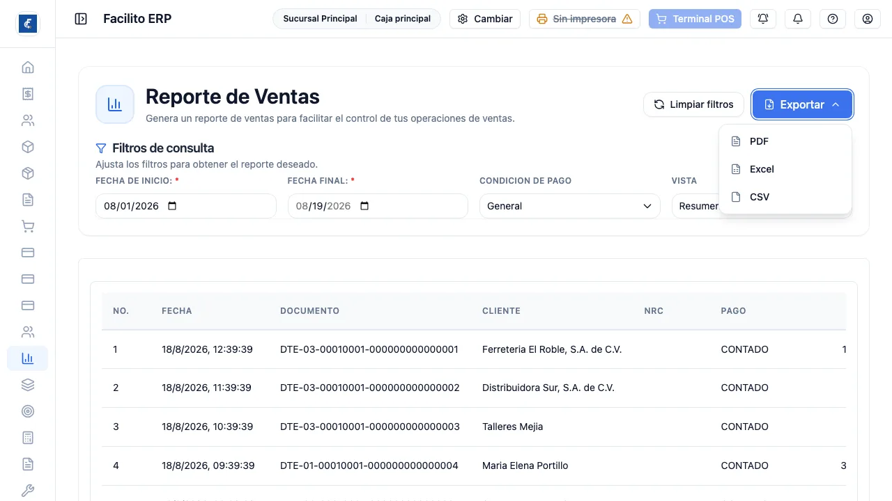 Los tres formatos de descarga, que respetan la vista y la condición de pago elegidas.