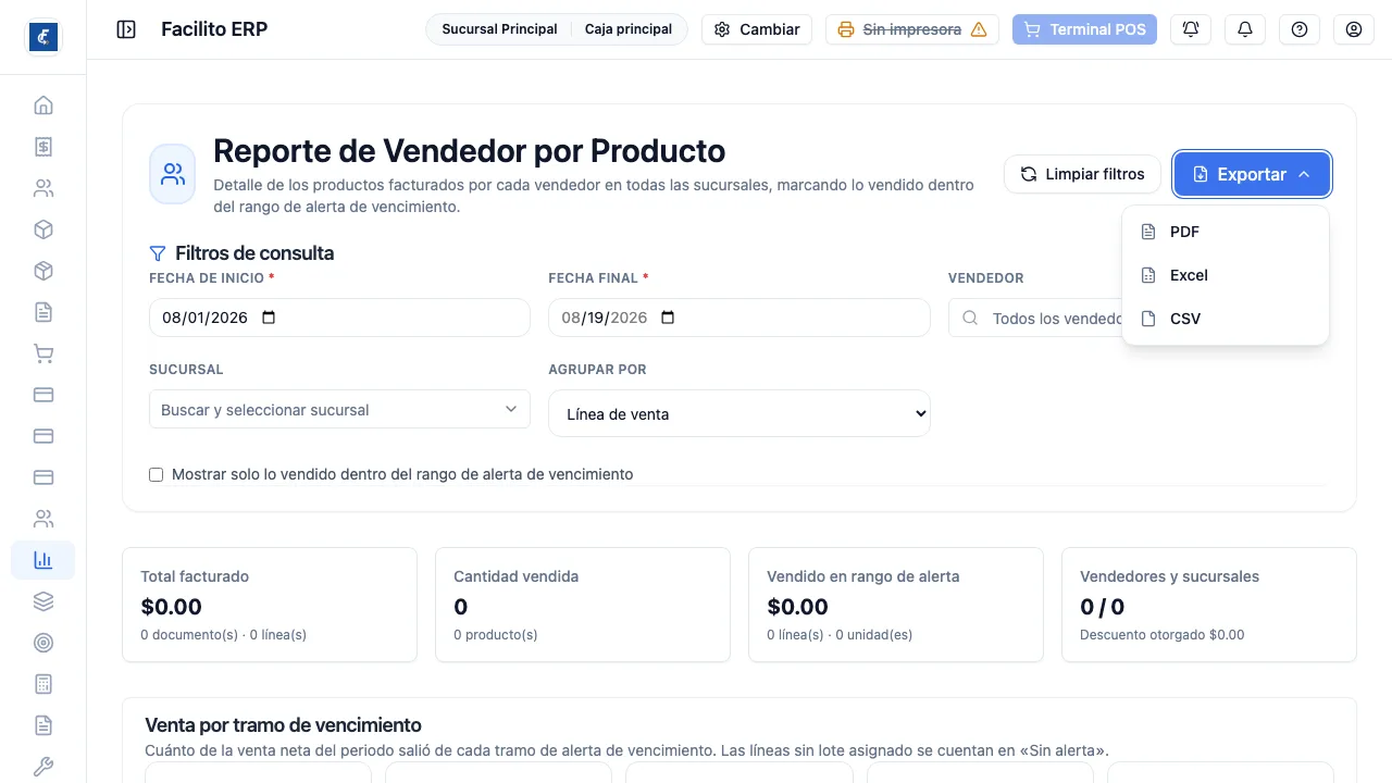 Los tres formatos en que se baja el reporte, con los filtros y la agrupación puestos.