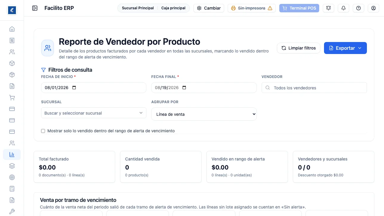 Los filtros, los cuatro totales del período y el recuadro de venta por tramo.
