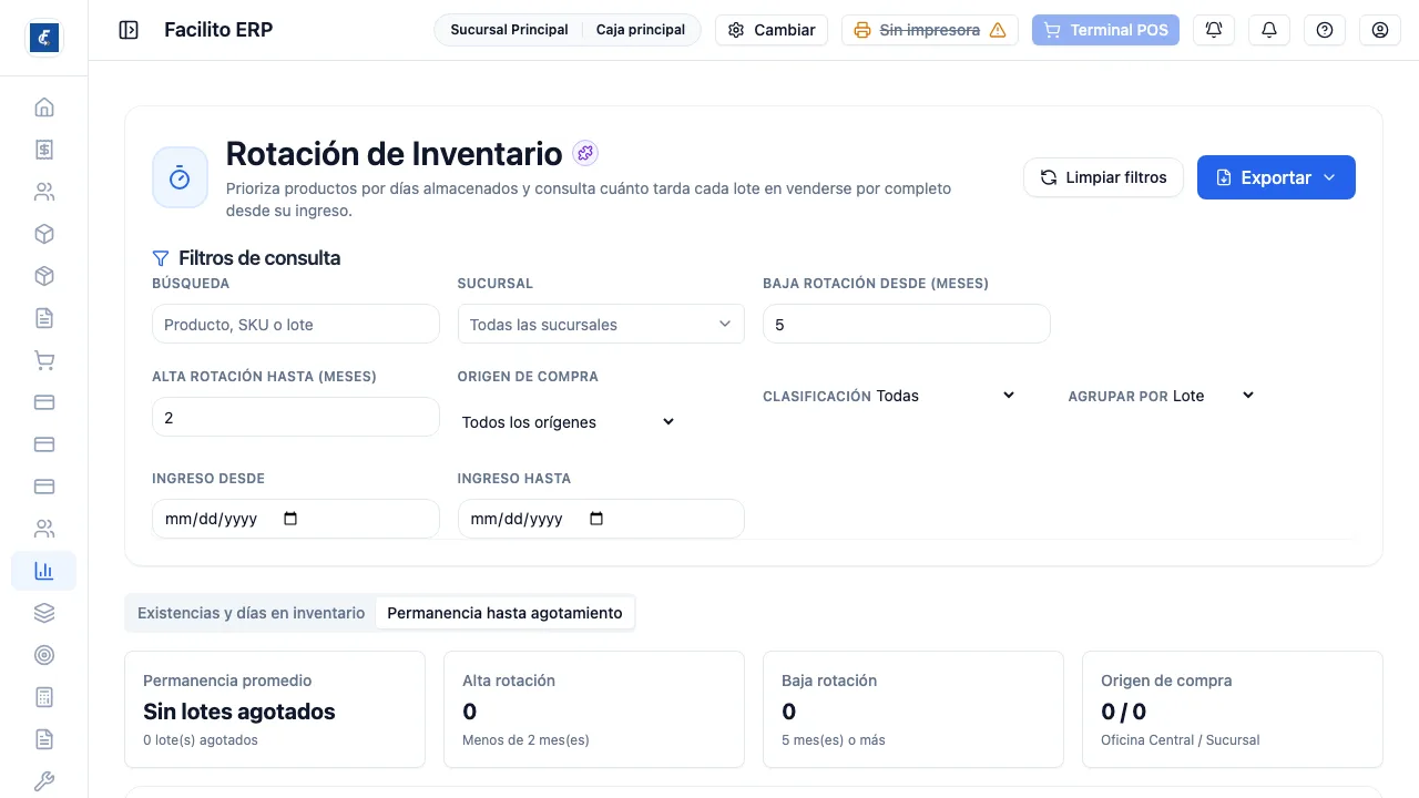 La otra pestaña, con sus filtros de origen de compra, clasificación y fechas de ingreso.