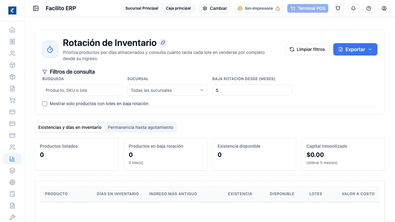 La pestaña de existencias, con los días en inventario y el capital inmovilizado.