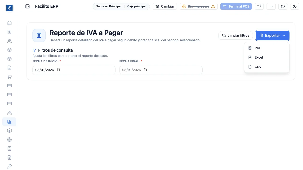 El menú de descarga del reporte de IVA.