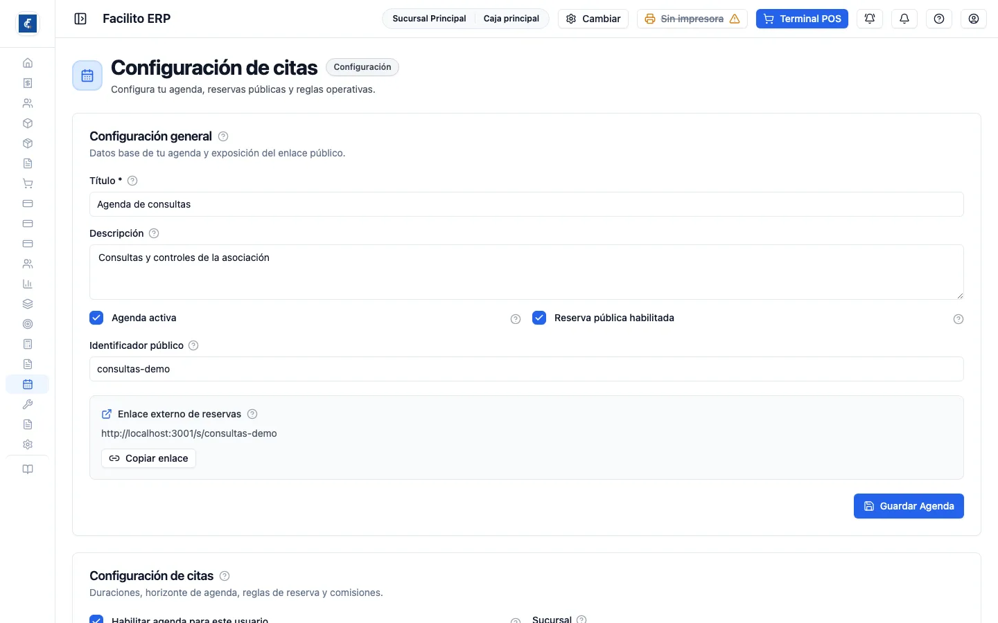 Las dos tarjetas de configuración cada una con su propio botón de guardar.