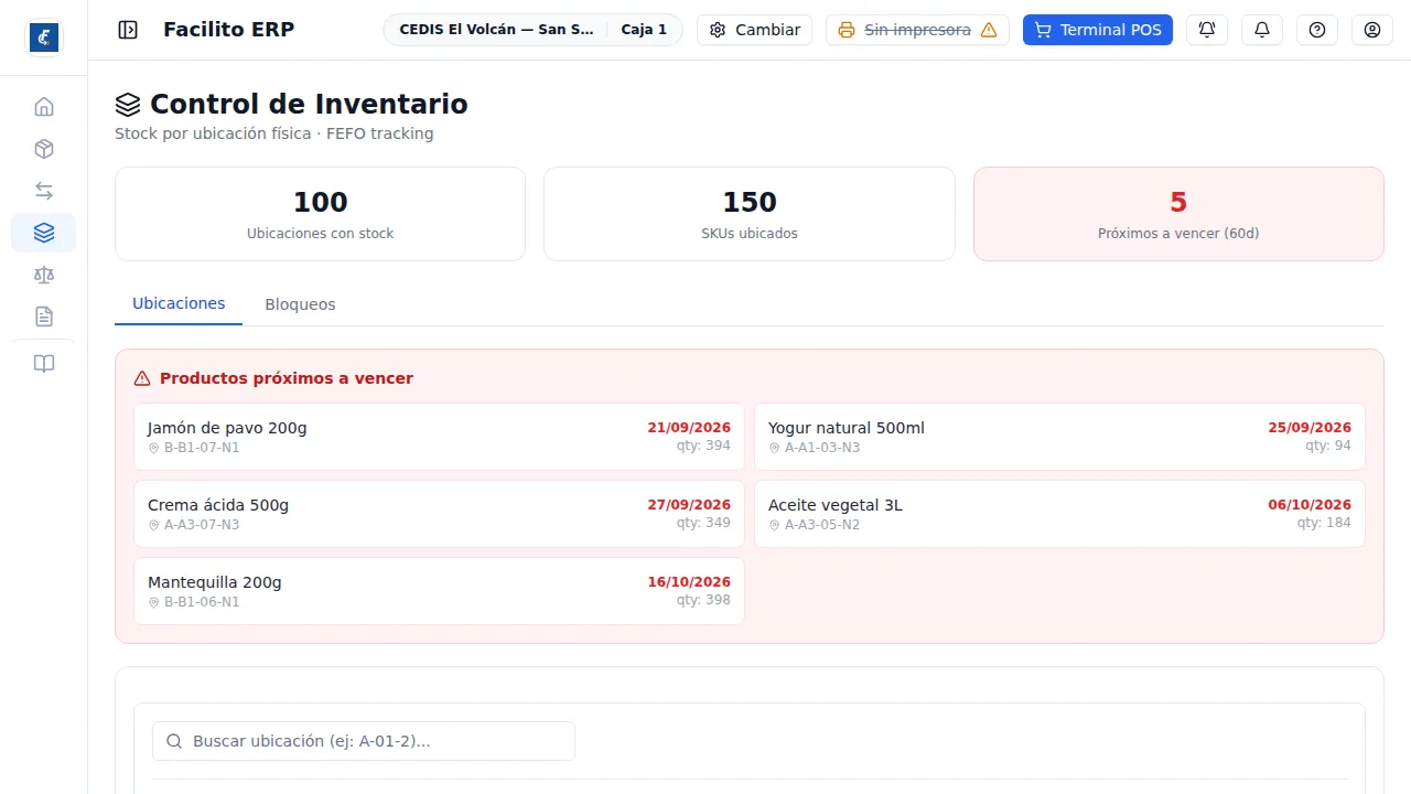 El inventario por ubicación con las tarjetas de stock y de lotes próximos a vencer.